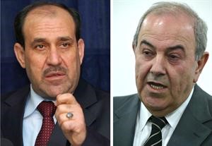 صورة ارشيفية لرئيس الوزراء العراقي الحالي نوري المالكي والاسبق اياد علاوي افپ
