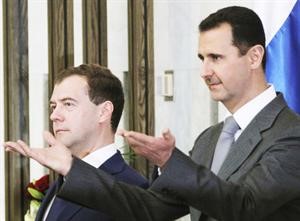 جانب من المؤتمر الصحافي للرئيسين السوري بشار الاسد والروسي ديمتري مدفيديف﻿