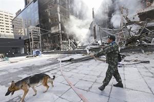 جندي تايلندي يقوم بتمشيط حول قلب العالم وسط بانكوك مستخدما كلبا للبحث عن المتفجرات رويترز
﻿