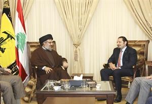 امين عام حزب الله السيد حسن نصرالله مستقبلا رئيس الحكومة سعد الحريري في الضاحية مساء امس الاولمحمود الطويل