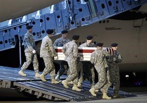 جنود اميركيون يحملون جثمان احد زملائهم في قاعدة ووفر الجوية قتل في العمليات العسكرية في افغانستان 	اپ﻿