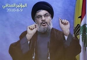 امين عام حزب الله السيد حسن نصرالله خلال المؤتمر الصحافي الذي عقده امس الاول لعرض ادلة تورط اسرائيل باغتيال الحريري﻿