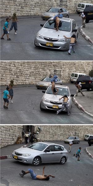 صورة مركبة تظهر سائقا اسرائيليا وهو يصدم شابا فلسطينيا ملثما في حي سلوان شرق القدس المحتلة 	افپ