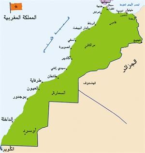 خريطة المملكة المغربية تبين حدود الاقاليم الجنوبية﻿
