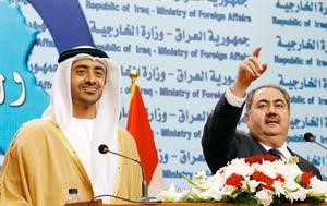 جانب من المؤتمر الصحافي بين وزير خارجية الامارات الشيخ عبدالله بن زايد ونظيره العراقي هوشيار زيباري اپ