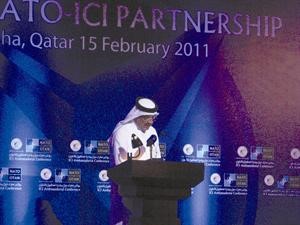 مساعد وزير الخارجية القطري لشؤون المتابعة محمد عبدالله الرميحي متحدثا في ختام مؤتمر الدوحة﻿