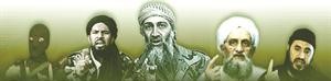 صورة توضح ابرز رجالات القاعدة من اليمين الزرقاوي قتل الظواهري وبن لادن قتل وابو يحيى الليبي﻿