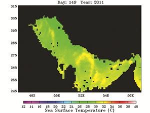 صورة القمر الاصطناعي مودديس تبين ارتفاعا كبيرا لدرجة حرارة المياه في الخليج العربي حيث انها وصلت 35 درجة في جون الكويت﻿