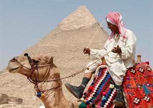 احد المرشدين السياحيين المصريين ممتطيا جملا امام الاهرامات في الجيزة امس	اپ﻿