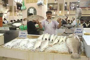 احد الباعة يعرض ما لديه من اسماك امام عدسة الانباء
