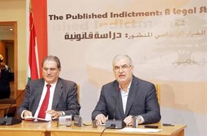رئيس كتلة الوفاء للمقاومة محمد رعد والقاضي سليم جريصاتي في مؤتمر صحافي مشترك خصص للقرار الاتهامي محمود الطويل