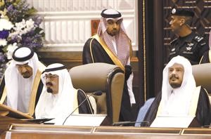 خادم الحرمين الملك عبدالله بن عبدالعزيز خلال القاء كلمته في مجلس الشورى بحضور رئيس المجلس عبدالله بن محمد ال شيخ			 افپ﻿