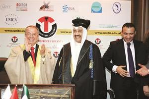 الرئيس جاسم الخرافي لدى تقلده درجة الاستاذية من جامعة تيرانا 
