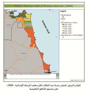 خريطة توضح المؤشر التربوي لقياس نسبة عدد الطلاب لكل معلم للمرحلة الابتدائية 2009 في المناطق التعليمية﻿