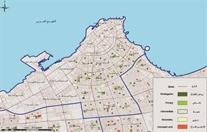 خريطة تشير الى توزيع المدارس الحكومية والاراضي الفضاء بمنطقة العاصمة التعليمية﻿