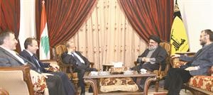 الامين العام لحزب الله السيد حسن نصرالله مستقبلا الجنرال ميشال عون والوزير جبران باسيل والمعاون السياسي للسيد والمسؤول الامني في حزب الله محمود الطويل