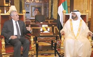 نائب رئيس الدولة رئيس الوزراء الاماراتي حاكم دبي الشيخ محمد بن راشد ال مكتوم مستقبلا الرئيس اللبناني ميشال سليمان محمود الطويل