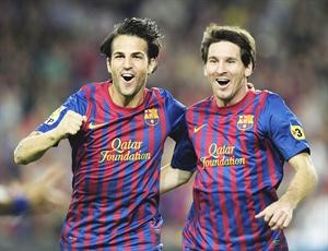 نجما هجوم برشلونة ليونيل ميسي وسيسك فابريغاس تالقا في المباراة السابقة امام اساسونا في الكاس﻿