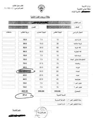 شهادة احدى الطالبات ويبدو واضحا التعديل في درجة الكيمياء