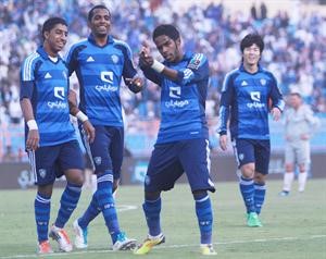 فرحة لاعبي الهلال بالفوز على الاتحاد