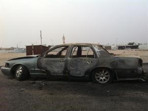 السيارة المسروقة بعد اخماد النيران