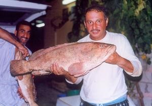 احمد النجدي وابراهيم الغانم يعرضان سمكتين اصطاداهما على ساحل السعودية عام 1997