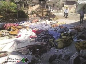 صورة بثتها صفحة الثورة السورية لجثث مجهولة الهوية عثر عليها في مدينة التل بريف دمشق بانتظار من يتعرف عليها 