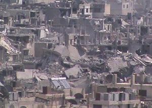 صورة حديثة للدمار الذي خلفه قصف القوات السورية لحي جورة الشياح في حمص	افپ﻿