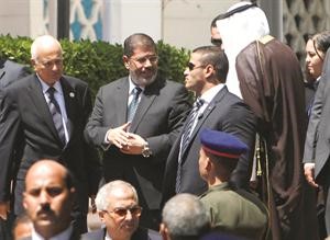 الرئيس د محمد مرسي بعد القائه كلمته امام وزراء الخارجية العرب في القاهرة امس 	رويترز﻿