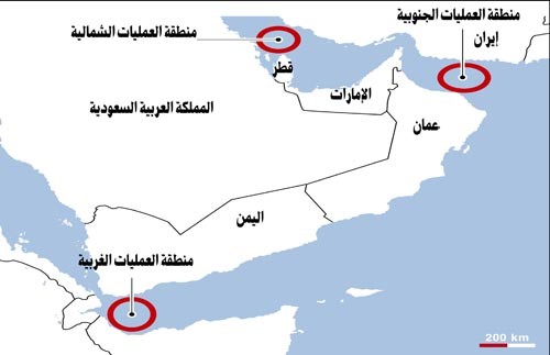 خريطة توضح المواقع التي ستجري فيها التدريبات في المنطقة 	رويترز
