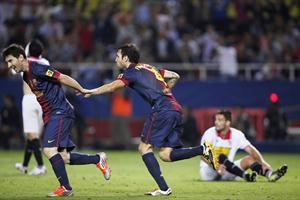 فرحة سيسك فابريغاس وليونيل ميسي بفوز برشلونة على اشبيلية	رويترز﻿