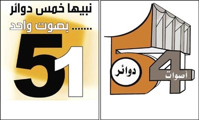 شعاران انتشرا على مواقع التواصل الاجتماعي احدهما يؤيد الابقاء على 5 دوائر و4 اصوات والثاني يدعو الى 5 دوائر بصوت واحد