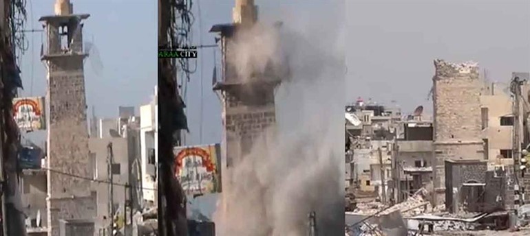 صورة مركبة بثتها صفحة الثورة السوريةلمئذنة المسجد العمري قبل وبعد تدميرها بقصف قوات النظام