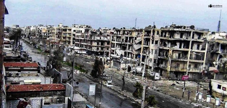 صورة نشرتها صفحة الثورة السورية للدمار الذي خلفه القصف العنيف على حي سيف الدولة احد اهم احياء حلب 
