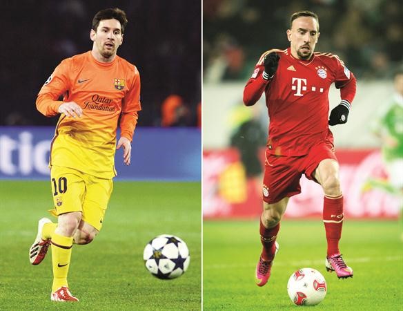 مواجهة قوية بين نجم بايرن ميونيخ فرانك ريبيري وايقونة برشلونة ليونيل ميسي في دوري الابطال افپ