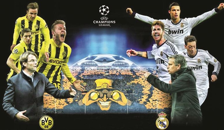 الصراع يتجدد بين ريال مدريد بقيادة مورينيو ورونالدو واوزيل وراموس ودورتموند بقيادة كلوب وغوتسه وليفاندوفسكي وريوس