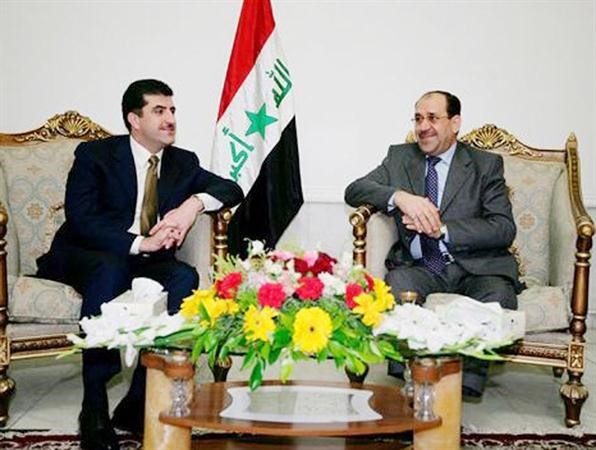 رئيس الوزراء العراقي نوري المالكي ورئيس حكومة اقليم كردستان نجيرفان برزاني خلال لقائهما امس الاول﻿