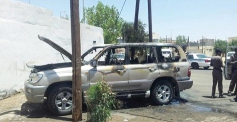 السيارة المحترقة بعد اخماد النيران
