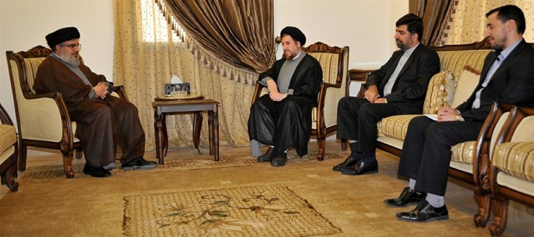 امين عام حزب الله السيد حسن نصرالله مستقبلا معاون الرئيس الايراني السيد محمد رضا ميرتاج بحضور السفير الايراني غضنفر ركن ابادي محمود الطويل