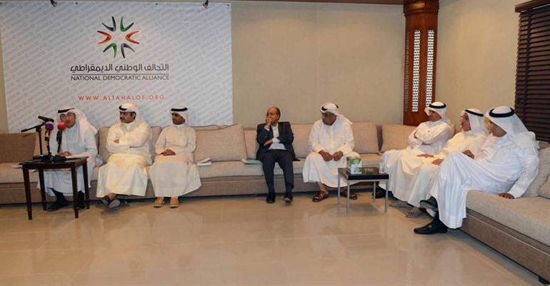 عبدالله النيباري وحسين الغريب وبشار الصايغ وحسين العبدالله خلال ندوة التحالف الوطني 