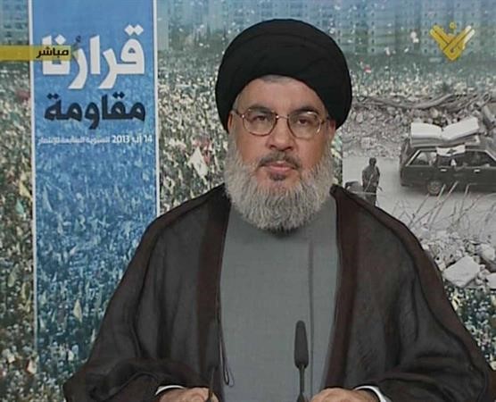 امين عام حزب الله السيد حسن نصرالله خلال خطابه في الذكرى السنوية السابعة لحرب 2006 ﻿