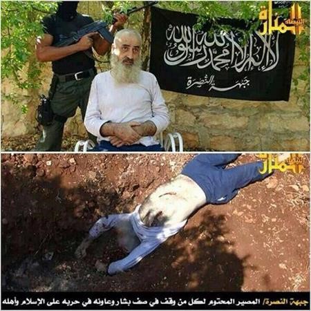 الصورة التي تداولها ناشطو المعارضة لاحد مشايخ الطائفة العلوية قبل وبعد مقتله ﻿