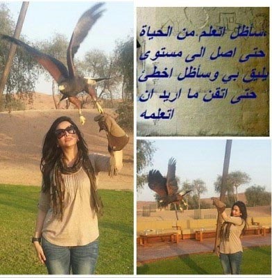 بالصور.. لجين عمران تلاعب صقراً كبيراً لتظهر شجاعتها