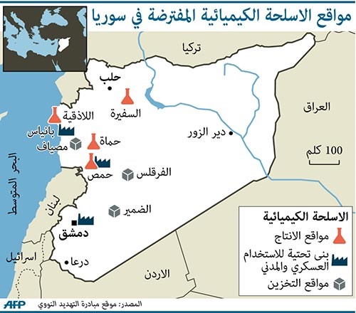 رسم يوضح مواقع الاسلحة الكيميائية المفترضة في سورية	افپ﻿