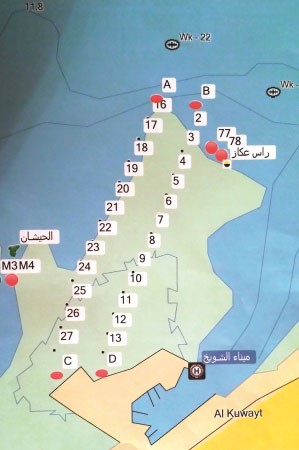  خريطة توضح مواقع القواعد الخرسانية في منطقة ميناء الشويخ 