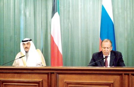 الشيخ صباح الخالد خلال المؤتمر الصحافي مع نظيره الروسي سيرغي لاڤروڤ