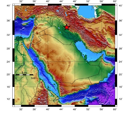 النجمه على الخريطة تمثل موقع الزلزال الرئيسي