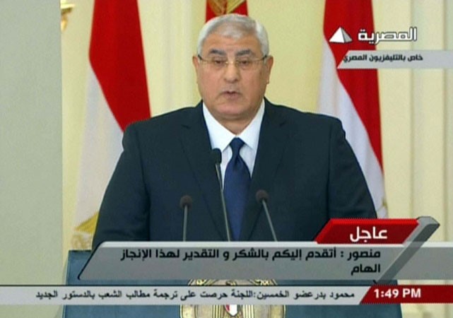 الرئيس المصري المؤقت المستشار عدلي منصور يلقي خطابه امس افپ
