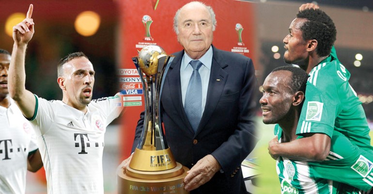 لاعب الرجاء فيفيان مابيدي ونجم بايرن ميونيخ فرانك ريبيري يتطلعان الى التتويج بكاس العالم للاندية من رئيس فيفا جوزيف بلاتر 