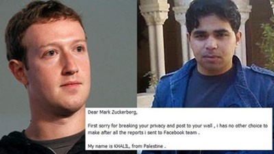 المبرمج الفلسطيني خليل شريتح كتب على حائط زوكربيرج مؤسس فيسبوك، ليثبت وجود ثغرة امنية